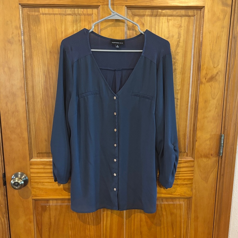 Worthington Navy Button-Front V-Neck Blouse